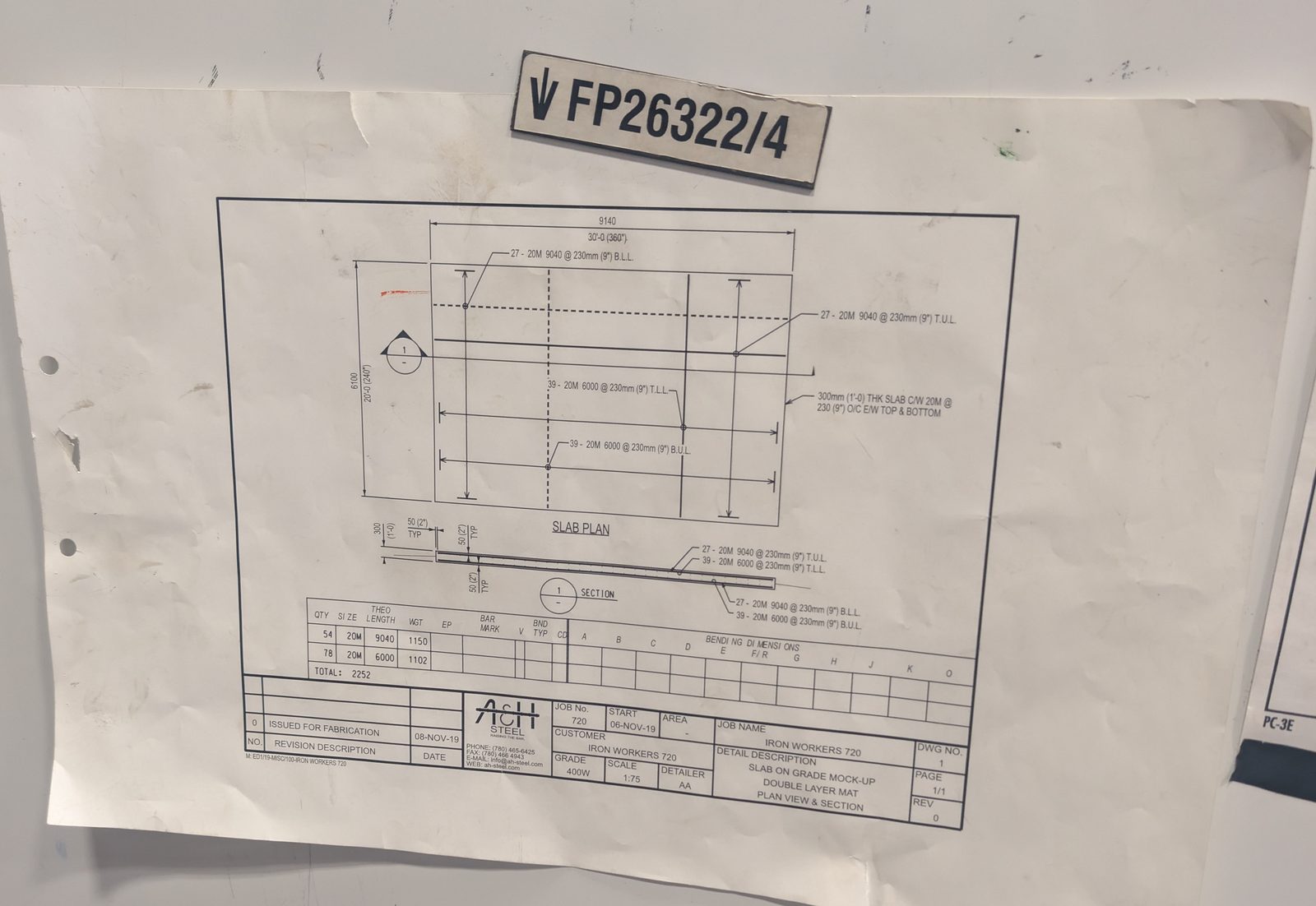 Structural shop drawing for the slab-on-grade double-layer rebar mat mock-up, Local 720 training job.